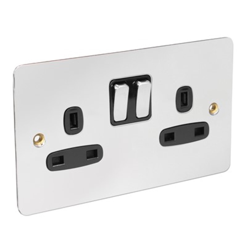 Flat Plate 13Amp 2 Gang Switched Socket Single Pole *Chrome/Blac - Click Image to Close